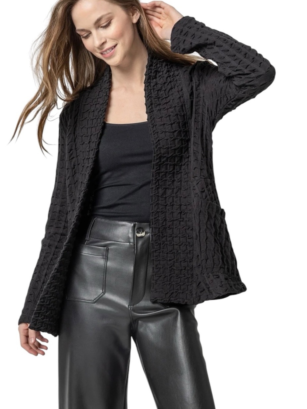 Komil Black 100% Cotton Textured/Waffle Open-Front Cardigan w/ Shawl Collar - L